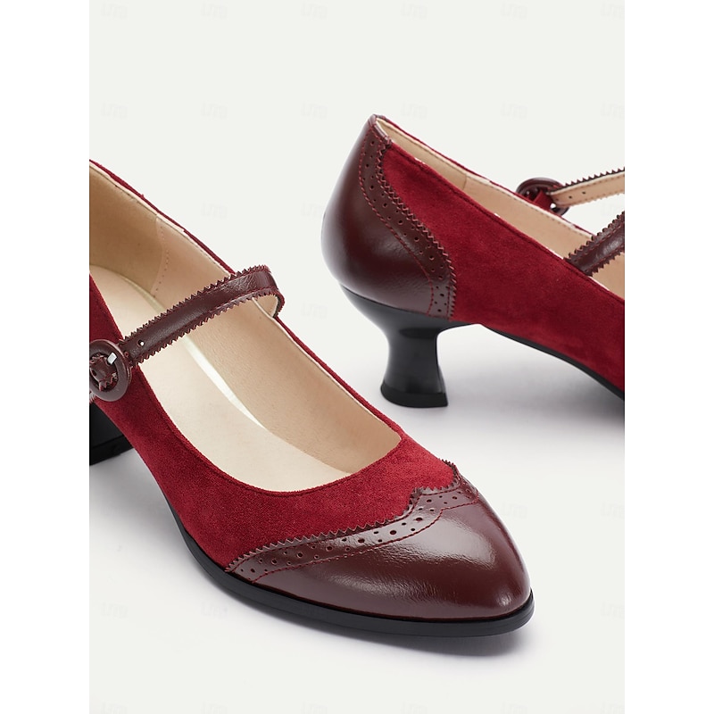 Vintage-Inspired Burgundy & Brown Leather Mary Jane Heels for Women, Perfect for Work and Special Occasions3