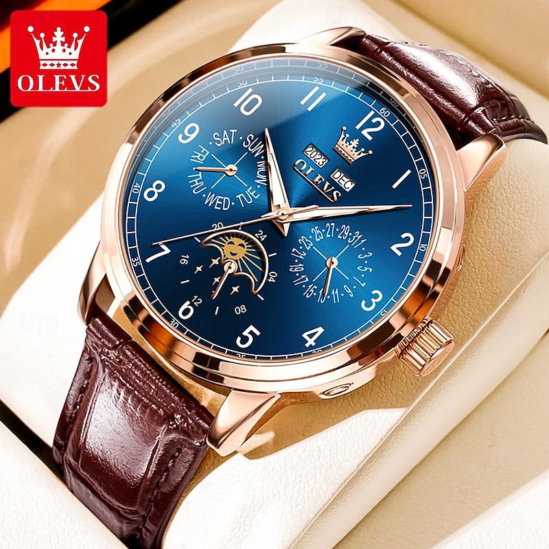 OLEVS Men Mechanical Watch Fashion Business Wristwatch Automatic Self-winding Moon phase Luminous Perpetual Calendar Leather Watch