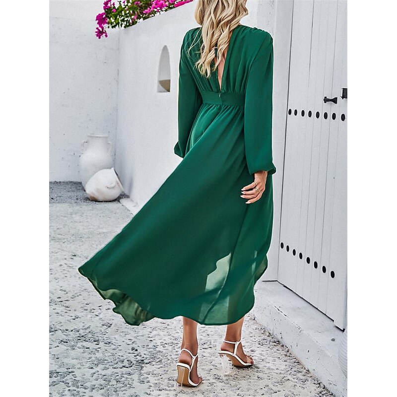 Women's Maxi Dress Casual Dress Cocktail Dress Wedding Guest Dress Chiffon Dress Elegant Maxi Casual Work Street Holiday Regular Fit Long Sleeve V Neck Black Red Navy Blue Green Fall2