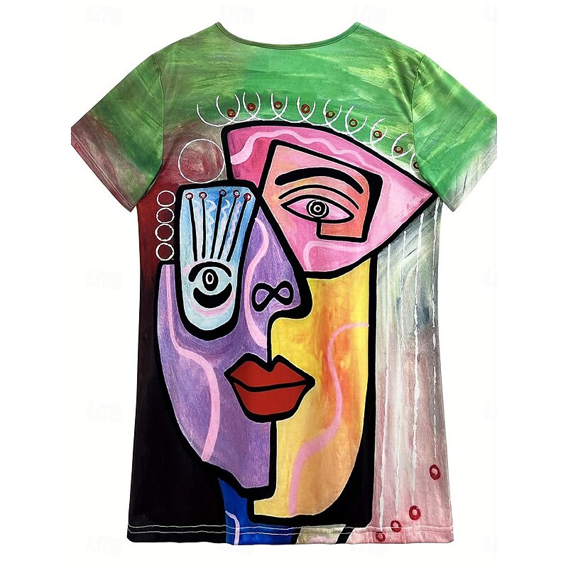 Women's T Shirt Fashion Casual Abstract Print Short Sleeve Regular Tops V Neck Daily Rainbow Summer2