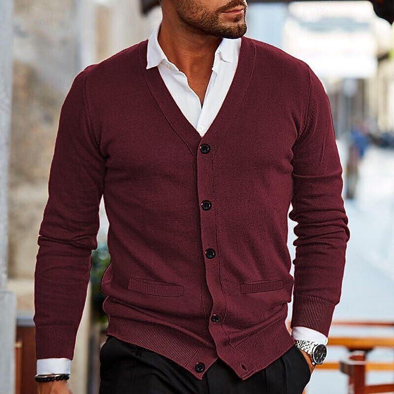 Men's Cropped  Sweater Cardigan Sweater Knit Sweater Ribbed Knit Regular Button Up Pocket Solid Color V Neck Fashion Classic Daily Wear Date Clothing Apparel Fall & Winter Wine Red Black S M L