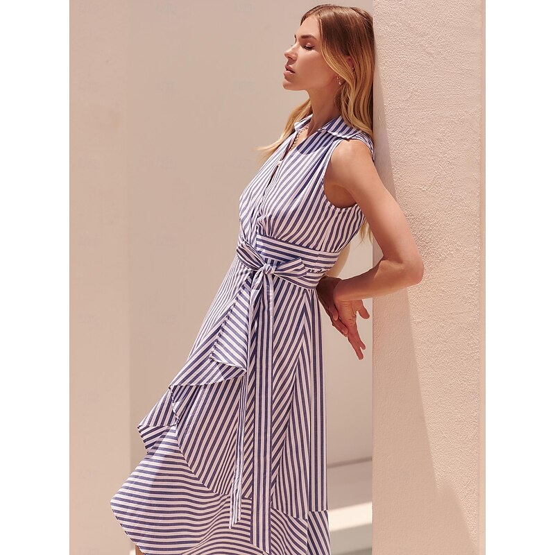 Cotton Stripe Tie Front Short Sleeve Maxi Dress3