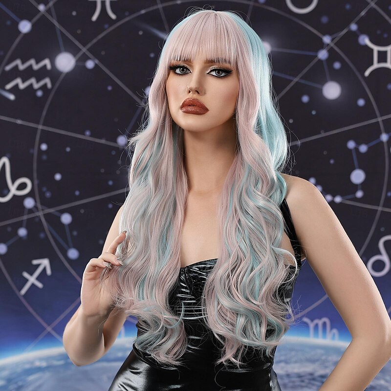 Synthetic Wig Curly Deep Curly Middle Part Layered Haircut Machine Made Wig 26 inch Pink / Purple Synthetic Hair Women's Cosplay Party Fashion Natural Black Halloween Wigs3