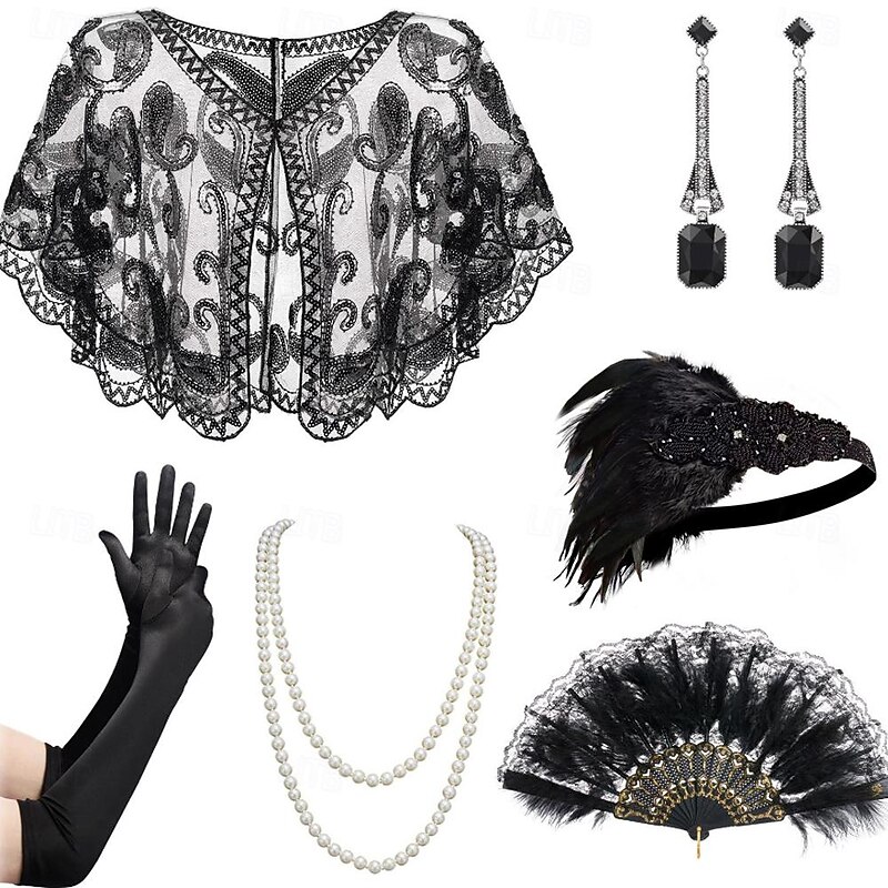 1920s The Great Gatsby Outfits Flapper Headband The Great Gatsby Wedding Guest Collarless Fancy Dress Women's Halloween Carnival Masquerade Party Masquerade Wedding Reception Adults' 1 Fan Shawl3