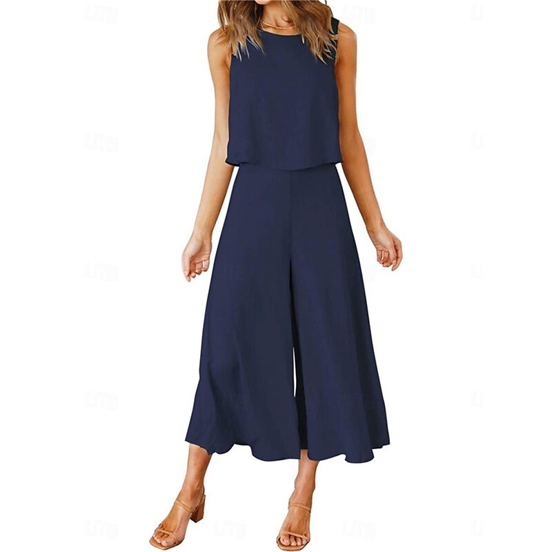 Women's Basic Tank Top Wide Leg Pants Sleeveless Crew Neck Plain Casual Weekend Black Pink Navy Blue Summer Regular Fit2