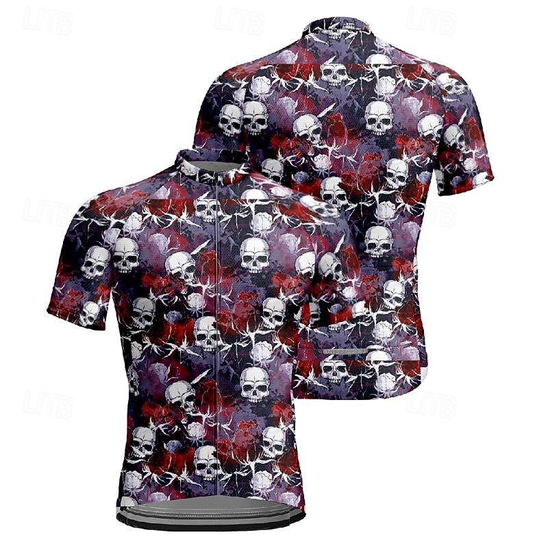 Men's Cycling Jersey Skull Short Sleeve Bike Tee Tshirt Jersey Top with 3 Rear Pockets Mountain Bike MTB Quick Dry Breathable Sports Red Clothing Apparel3