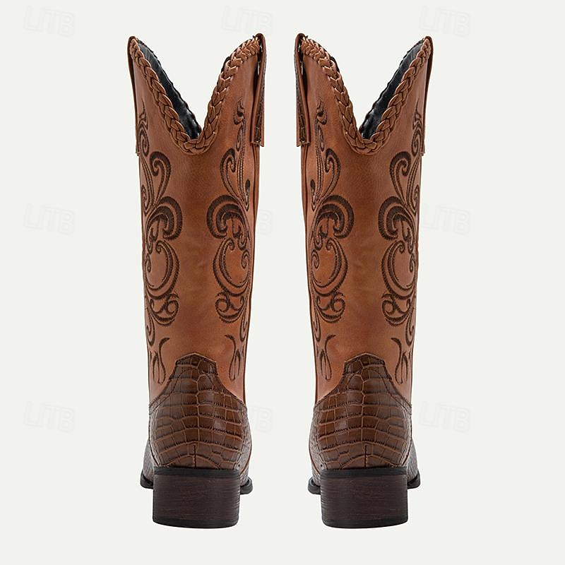 Men's Brown Western Cowboy Boots with Embroidered Design and Faux Crocodile Pattern - Stylish and Durable4