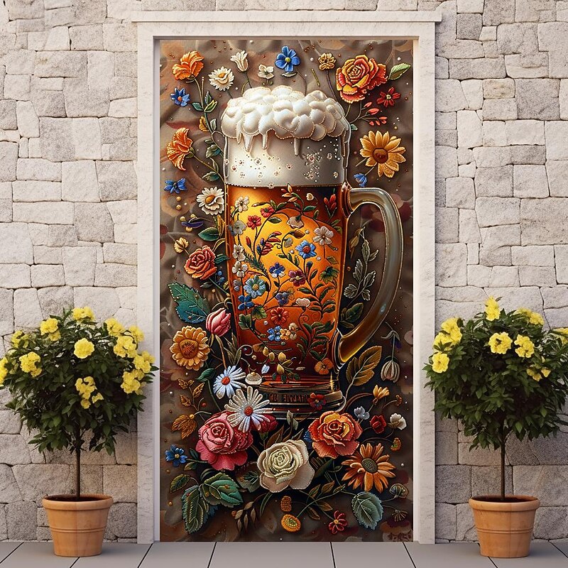 Oktoberfest Beer Floral Door Covers Door Tapestry Door Curtain Decoration Backdrop Door Banner for Front Door Farmhouse Holiday Party Decor Supplies4