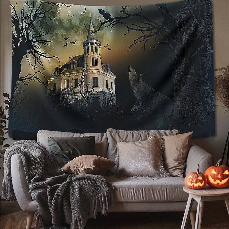 Halloween Decorations Tapestry Jack O Lantern Pumpkin Decor Wall Art Large Hanging Tapestry Mural Decor Photograph Backdrop Blanket Curtain Home Bedroom Living Room Skull Skeleton Bat Graveyard 12
