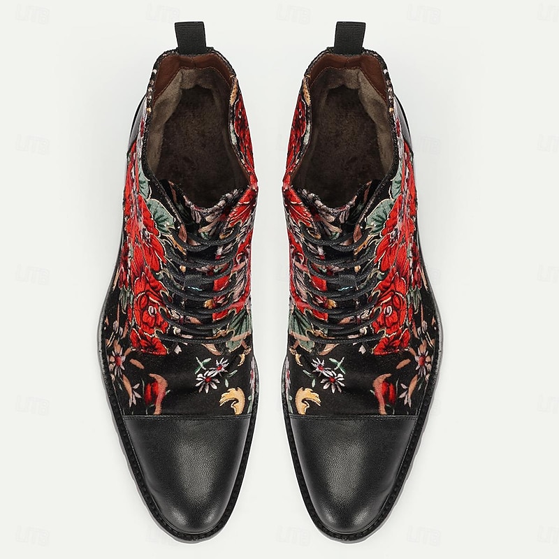 Men's Black Floral Combat Boots with Rugged Soles and Leather Toe Caps for Casual and Outdoor Wear4