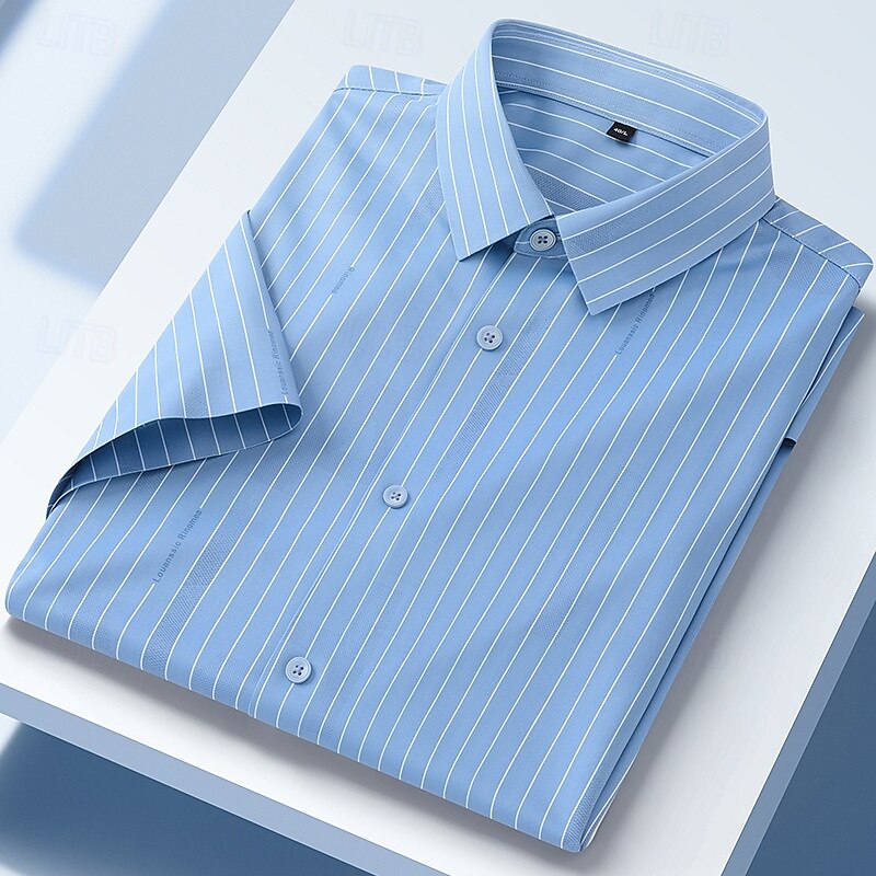 Men's Shirt Dress Shirt Button Up Shirt Stripes Wedding Daily Blue Sky Blue Light Grey Gray Short Sleeve Turndown Summer Clothing Apparel3