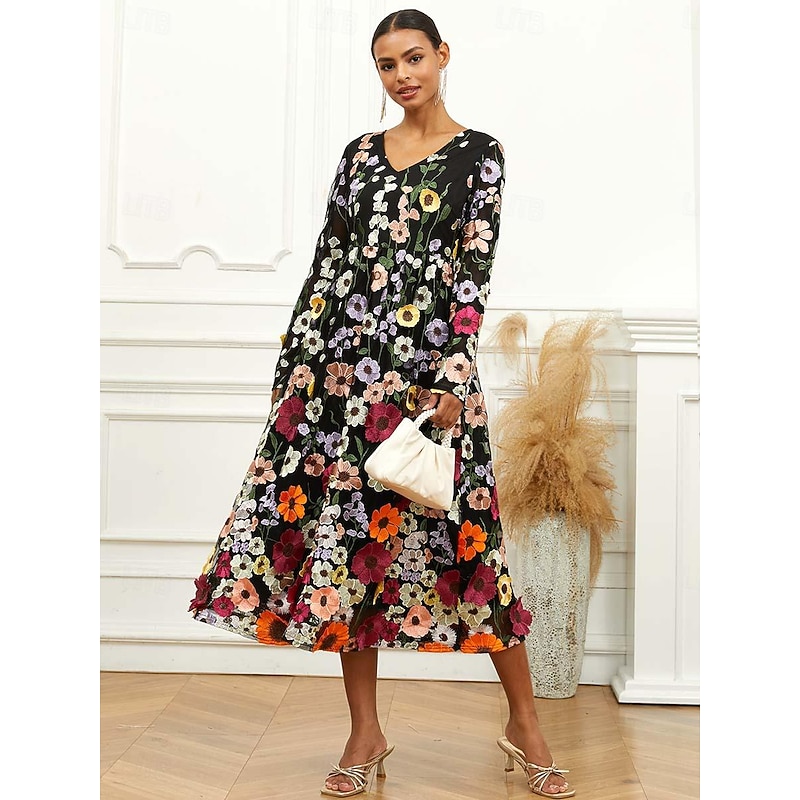 Women's Midi Dress Black Dress A Line Dress Elegant Stylish Bishop Sleeve Wedding Guest Cocktail Party Regular Fit Floral Long Sleeve V Neck Black Spring Fall3