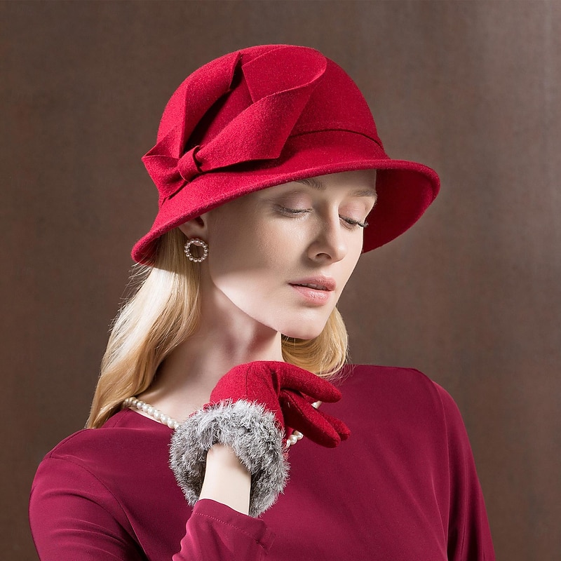 Hats 100% Wool Bowler / Cloche Hat Bucket Hat Fedora Hat Wedding Tea Party Elegant Wedding With Bowknot Pure Color Headpiece Headwear3