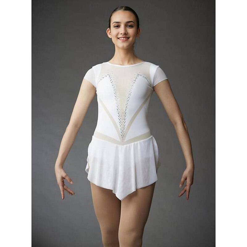 Figure Skating Dress Women's Girls' Ice Skating Dress White Patchwork Thumbhole Mesh High Elasticity Training Competition Skating Wear Classic Short Sleeve Ice Skating Figure Skating