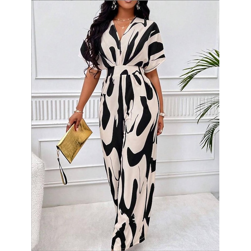 Women's Normal Jumpsuit Elegant Color Block Short Sleeve Butterfly Sleeve V Neck Print Work Daily Regular Fit White Orange Brown Summer