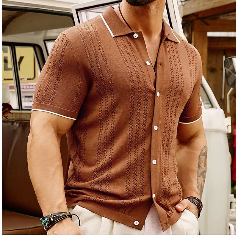 Men's Knit Polo Sweater Golf Shirt Casual Holiday Button Classic Short Sleeve Fashion Old Money Style Striped Button Front Summer Spring Fall Black Champagne Brown Knit Polo Sweater2