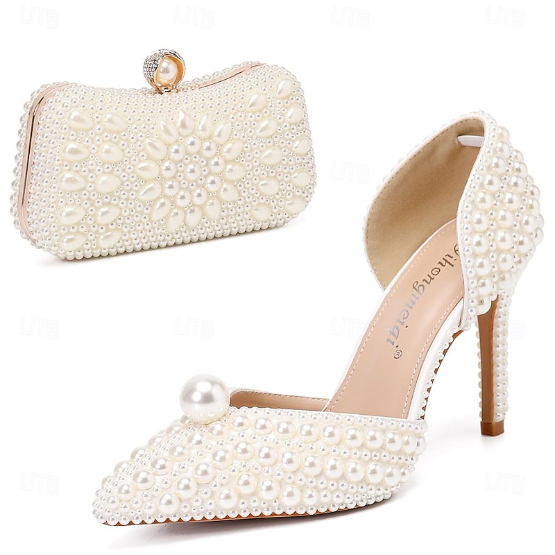 Women's Pearl High Heels and Clutch Set – Pointed Toe Stiletto Bridal Pumps with Matching Beaded Purse for Wedding, Engagement & Formal Events