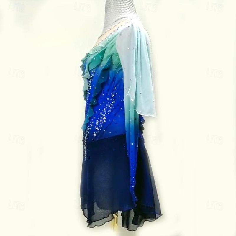 Figure Skating Dress Women's Girls' Ice Skating Dress Black Blue Patchwork Thumbhole Mesh High Elasticity Training Competition Skating Wear Classic Long Sleeve Ice Skating Figure Skating2