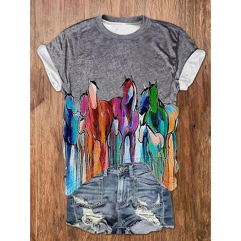 Women's T Shirt Casual Horse Print Short Sleeve Regular Tops Crew Neck Daily Gray Summer