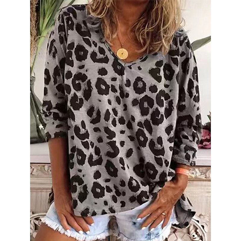 Women's T Shirt Leopard Fashion Long Sleeve V Neck Regular Tops Daily Weekend Print Pink Brown Khaki Gray Spring &  Fall