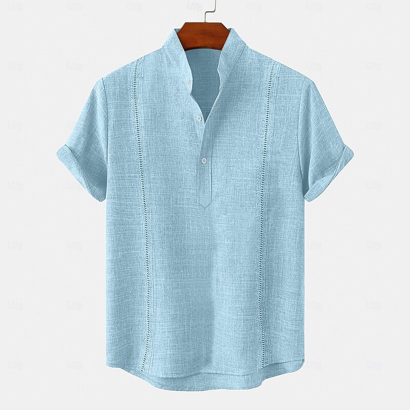 Men's Shirt Linen Shirt Guayabera Shirt Summer Shirt Beach Wear Solid Color Casual Daily White Royal Blue Green Khaki Short Sleeve Band Collar Summer Spring Clothing Apparel