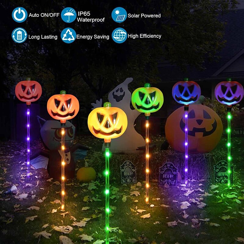 6pcs Solar Halloween Pumpkin Garden Stake Lights Light Up Pumpkin, Solar Halloween Yard Stake Outdoor Waterproof Lighted Pumpkin Lights for Garden Patio Yard Pathway Grave Decor