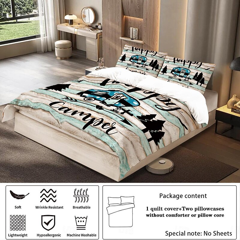 Cartoon Camping RV Print Duvet Cover Set - Includes Duvet Cover and Pillowcases - Fun and Whimsical Design - Soft and Comfortable Fabric - Perfect for Adventurous Bedroom Decor - Easy to Clean and Maintai4