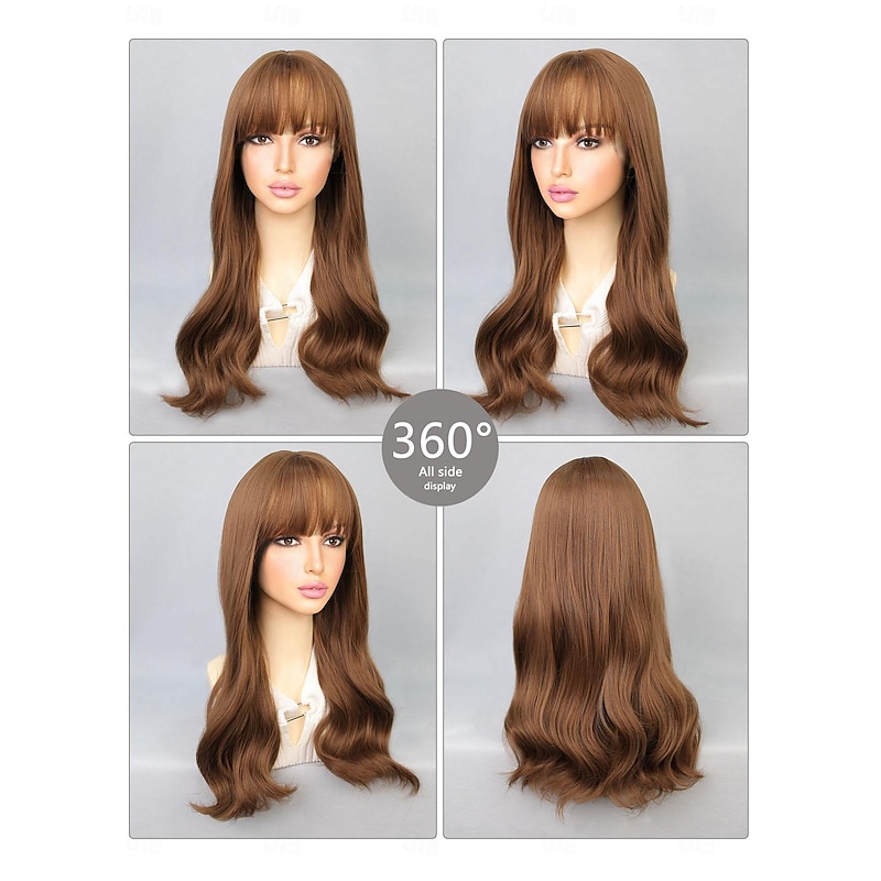 Synthetic Wig Bouncy Curl Neat Bang Wig 22 inch Light Brown Synthetic Hair Women's Light Brown3