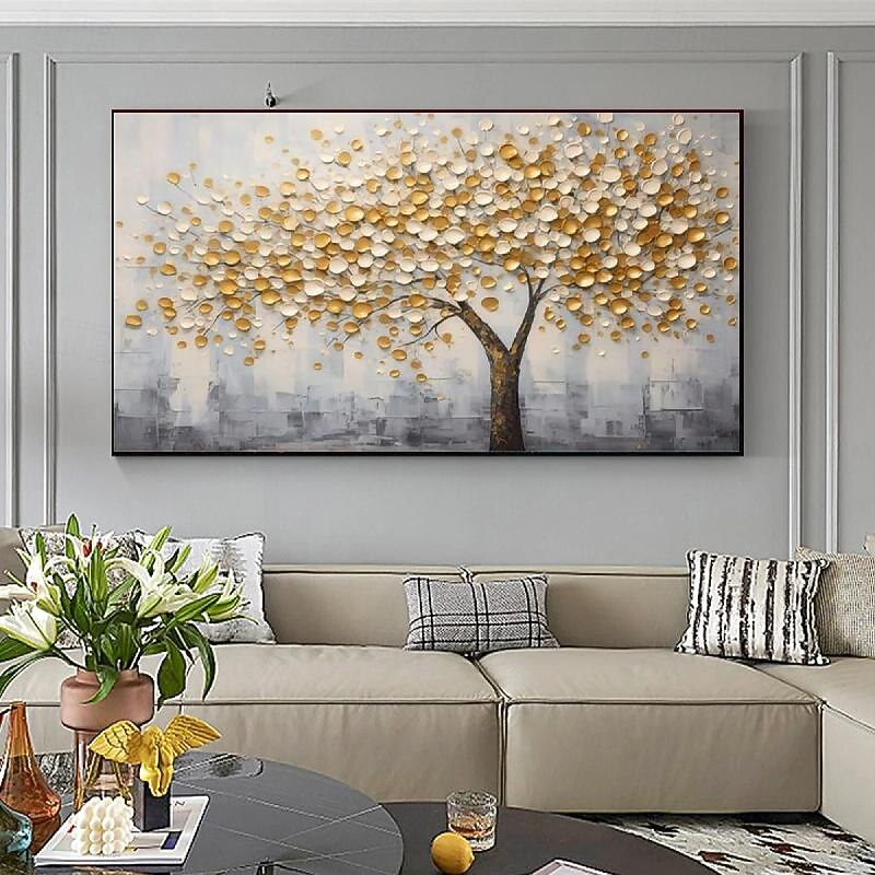 Large 3D Golden Tree Canvas Oil Painting handmade Autumn Nature Landscape painting handmade  Wall Art Botanical Knife Painting Light Luxury for Living Room Decor3