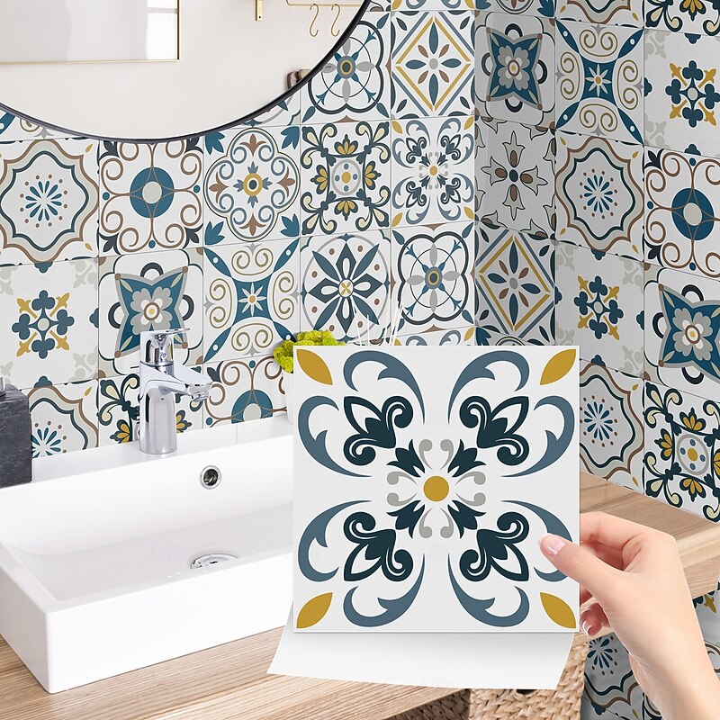 24pcs Thickened crystal filmMoroccan Style TileStickers Retro PVC Wall DecorWaterproof & Oil-proof RemovableFor Bathroom Kitchen DecorVintage Home Decor
