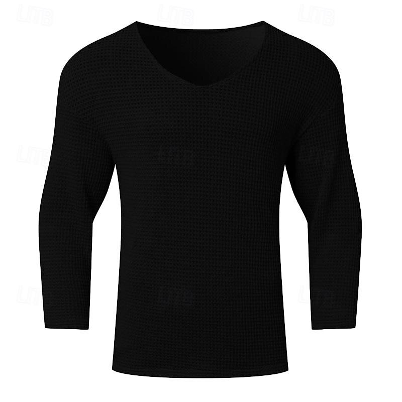 Men's T Shirt Tee Knit Tee Tee Top Long Sleeve V Neck Spring & Fall Plain Fashion Designer Basic Knitting Vacation Street Going out Black Navy Blue Khaki Top Tee for Men 10