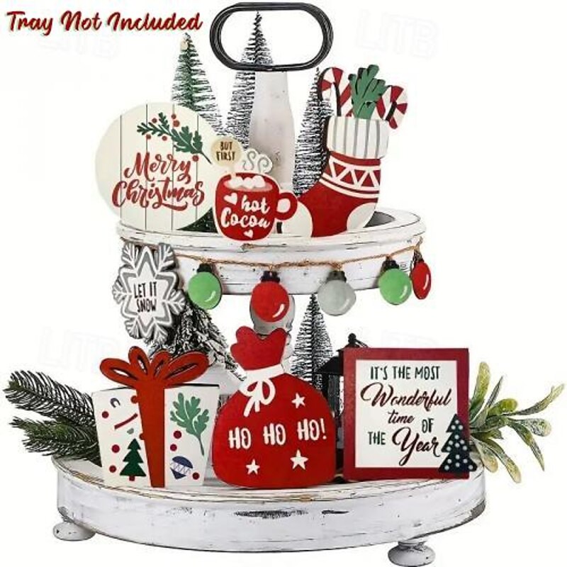 12pcs Christmas Layered Tray Decoration Set - 0.27 Inch Thick Wooden Table Signs, Christmas Stockings & Ball Ornaments for Indoor Winter Farmhouse Decor, Family Party, Shelf Decoration (Tray Not Included)