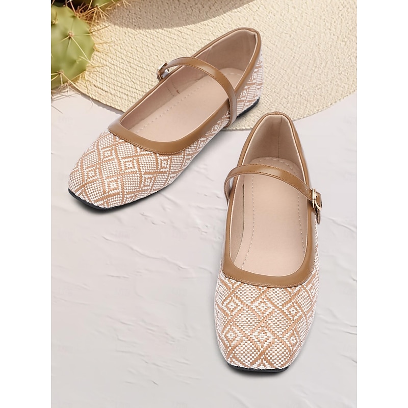 Women's Patterned Fabric Mary Jane Flats - Stylish Low-Heel Shoes with Adjustable Strap for Everyday Comfort