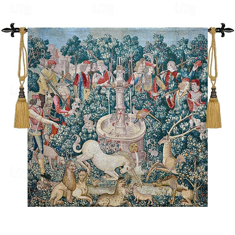 Jacquard Woven Tapestry Gobelin Aubusson Wall Hanging Hunt of the Unicorn Begian Wall Tapestry Loom Cotton Weave Living Room Bedroom Decoration(without Stick and Tassels)2