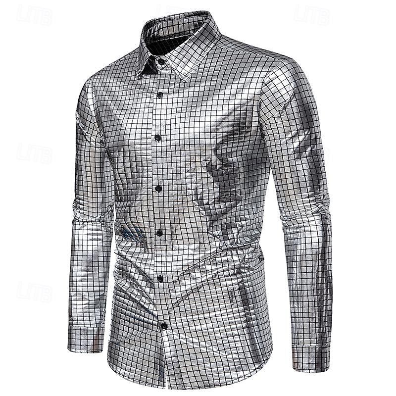 Disco 1980s Shiny Metallic Blouse / Shirt Masquerade Disco Plaid Checkered Fancy Dress Men's Carnival Costume Masquerade Party / Evening Pride Parade Pride Month Adults' Shirt3