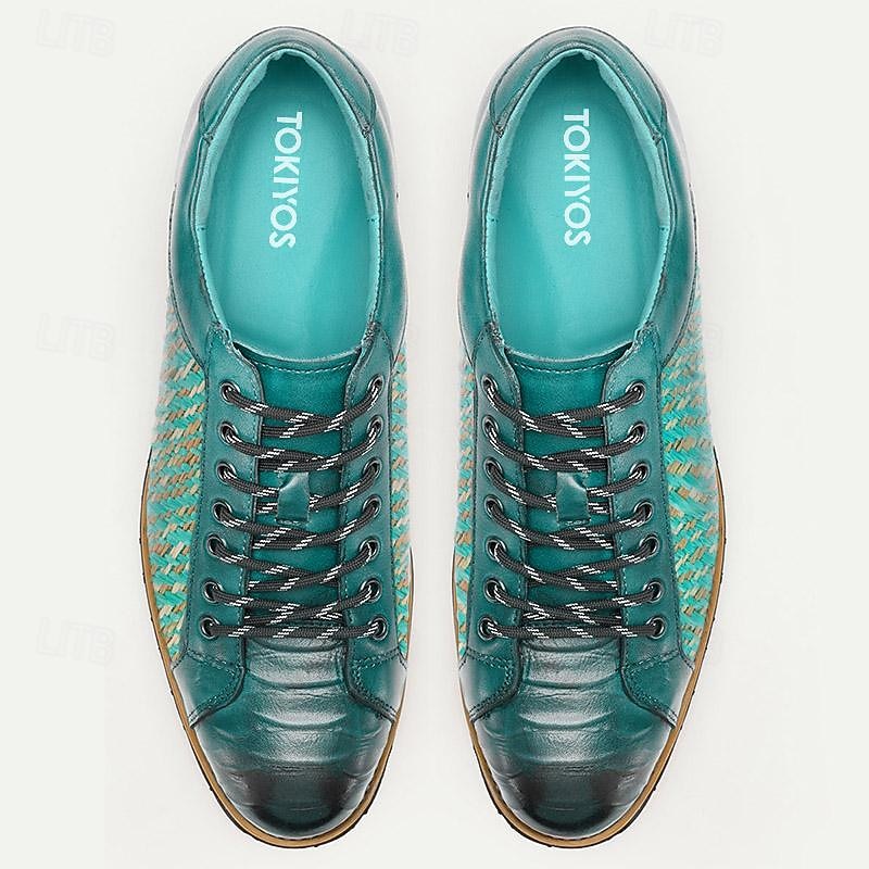 Men's Green Woven Leather Sneakers with Lace-Up Design - Stylish and Comfortable for Casual Wear2