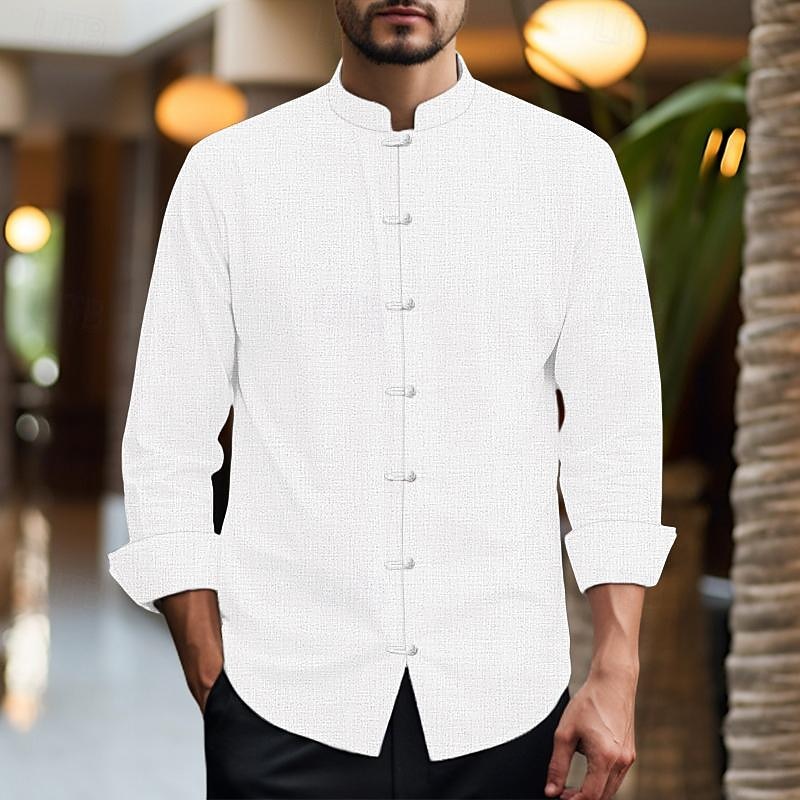 Men's Shirt Linen Shirt Chinese Collar Shirt Mandarin Collar Shirt Casual Shirt Cotton Linen Shirt Plain Vacation Casual Black White Pink Wine Long Sleeve Grandad Collar Spring & Summer Clothing3