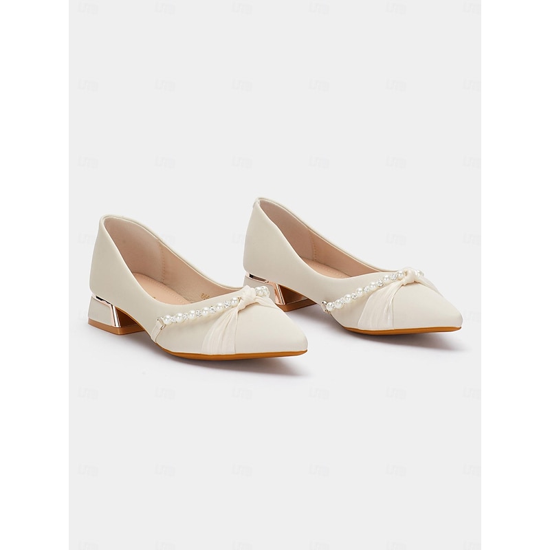 Women's Pearl Embellished Low Heel Flats - Elegant Pointed Toe Slip-On Shoes for Weddings and Formal Events2