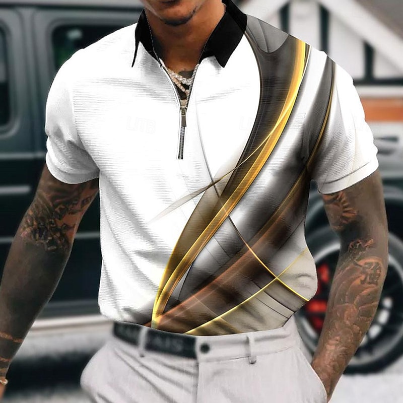 Men's Geometric Zip Polo Shirts Golf Shirt Short Sleeve Polo Shirts Collared Shirts Business Casual Vacation Wear Formal Wear Festival Wear 3D Print Quarter Zip Polo Yellow Pink Red4