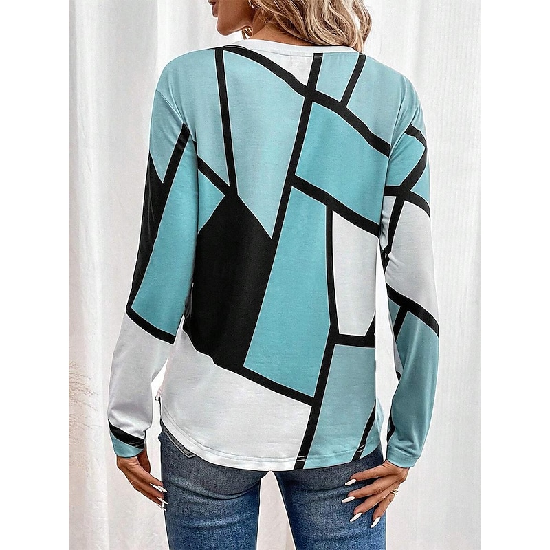 Women's T shirt Crew Neck Long Sleeve Tunic Casual Color Block Print Regular Tops Daily Pink Navy Blue Blue Purple Spring Fall2