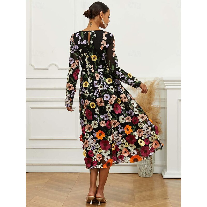 Women's Midi Dress Black Dress A Line Dress Elegant Stylish Bishop Sleeve Wedding Guest Cocktail Party Regular Fit Floral Long Sleeve V Neck Black Spring Fall 9