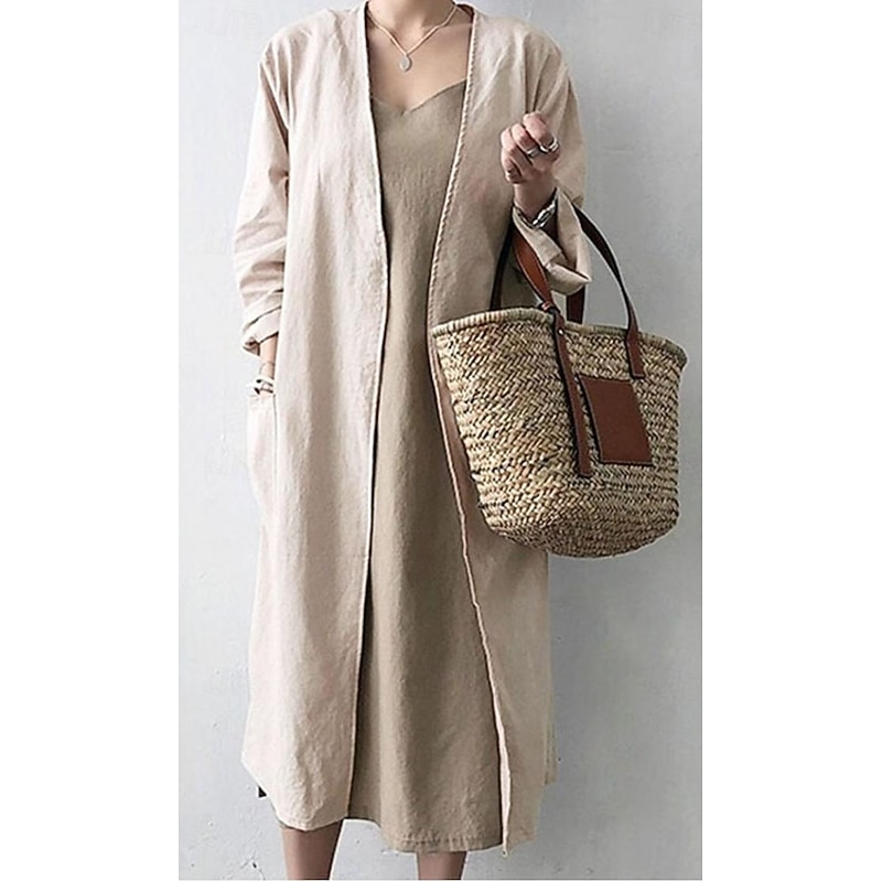 Women's Dressy Dusters Dressy Jackets Trench Coat Office Work Spring Fall Long Coat Loose Fit Modern Style Jacket Long Sleeve Solid Color Plain Pocket Oversized Light Blue khaki Grey2