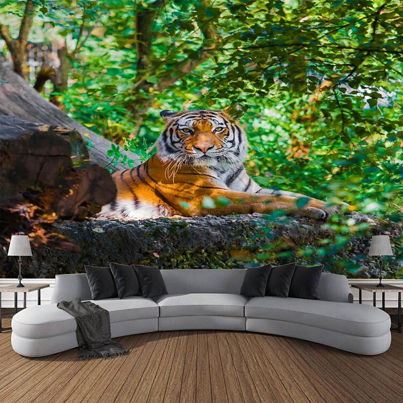 Animal Tiger Forest Hanging Tapestry Wall Art Large Tapestry Mural Decor Photograph Backdrop Blanket Curtain Home Bedroom Living Room Decoration