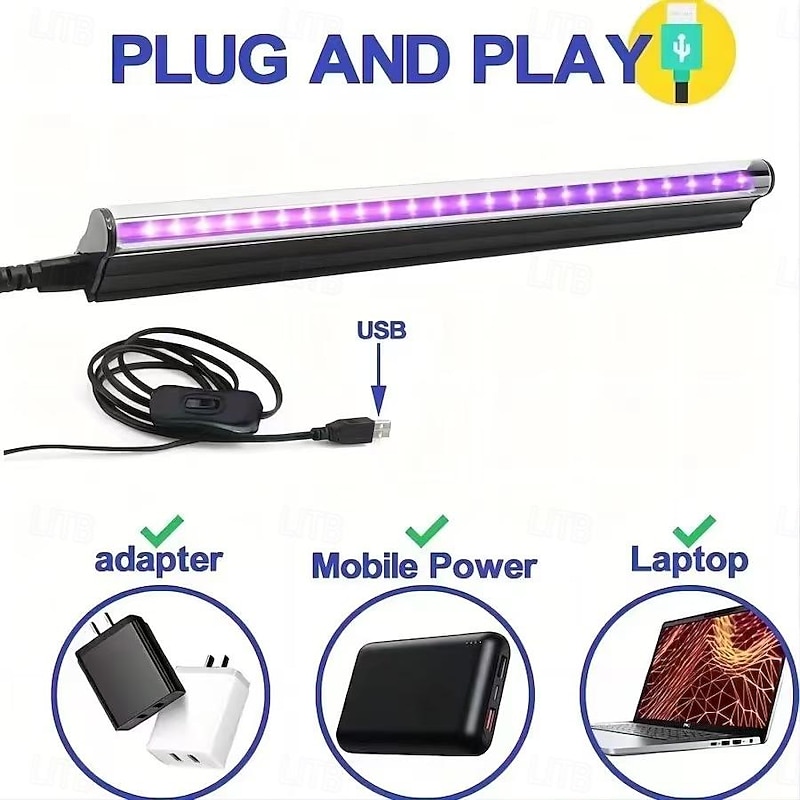 2pcs USB UV LED Blacklight Bar 28cm High Intensity - 385-400nm Ultra Violet Light Effect for Halloween Club Party Disco Stage Lighting - Low Voltage 5V with On/Off Switch, Non-Waterproof2