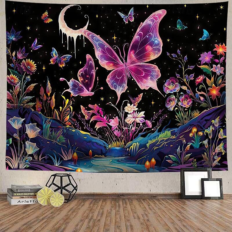 Blacklight Tapestry UV Reactive Glow in the Dark Glow Party Neon Animal Butterflies Psychedelic Trippy Misty Hanging Tapestry Wall Art Mural for Living Room Bedroom2