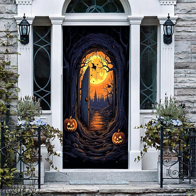 Halloween Door Decorations Halloween Door Covers Door Tapestry Pumpkins Forest Door Curtain Decoration Backdrop Door Banner for Front Door Farmhouse Holiday Party Decor Supplies 12
