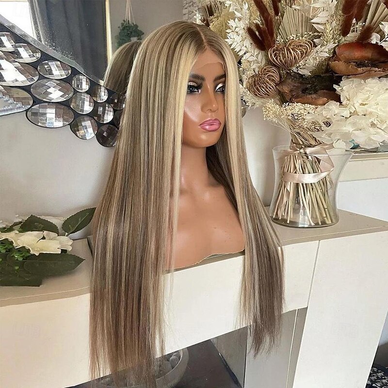 Remy Human Hair 13x4 Lace Front Wig Middle Part Brazilian Hair Silky Straight Multi-color Wig 130% 150% Density with Baby Hair Highlighted / Balayage Hair With Bleached Knots Pre-Plucked For Women2