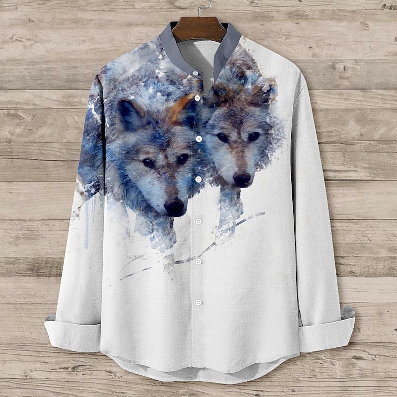 Men's Wolf Shirt Button Up Shirt Long Sleeve Vintage Casual Vacation Daily Summer Spring &  Fall Standing Collar Button Up 3D Print Blue Gray