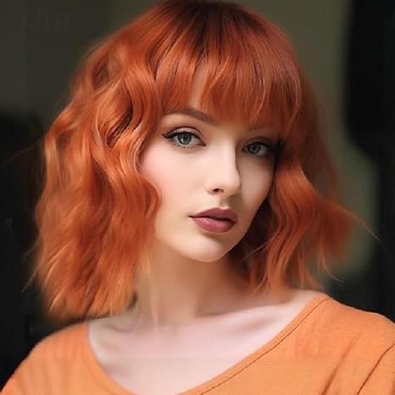 Wig with Bangs for Women Short Bob Wavy Curly Wig Pastel Hair Wigs Heat Resistant Halloween Cosplay Party Wigs
