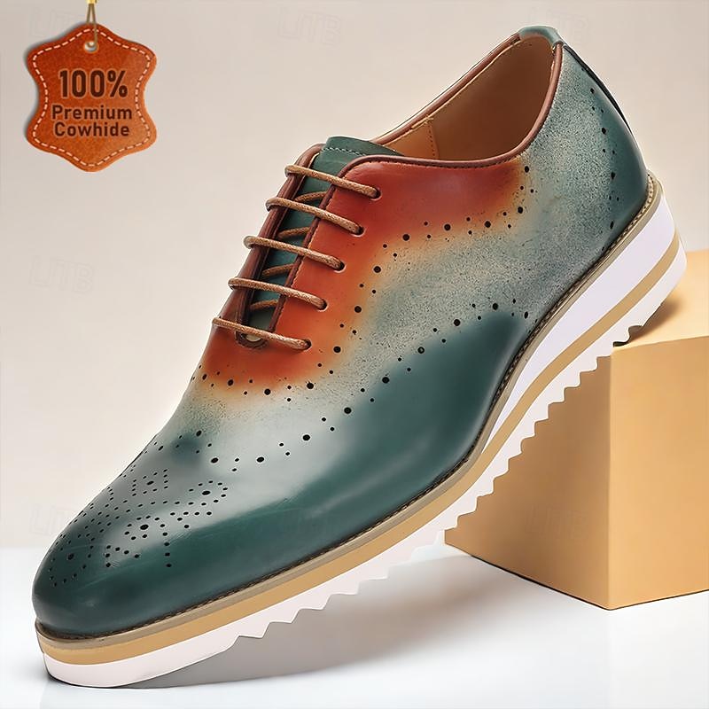 Men's Premium Cowhide Leather Brogues - Stylish Gradient Dress Shoes with Lace-Up Closure for Formal Events